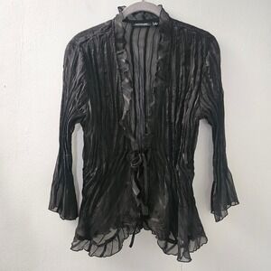 Vintage Y2K Ruffle Tie front blouse Women M Sheer Tie Front Whimsigoth Witchy‎